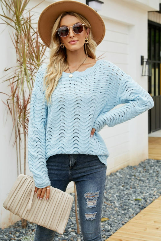 Scalloped Boat Neck Openwork Tunic Sweater - Sky Blue / S Apparel & Accessories Wynter 4 All Seasons