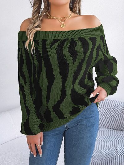 Off-Shoulder Animal Print Long Sleeve Sweater - Army Green / S Wynter 4 All Seasons