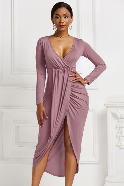High-low Ruched Surplice Long Sleeve Dress - Dusty Pink / S Wynter 4 All Seasons