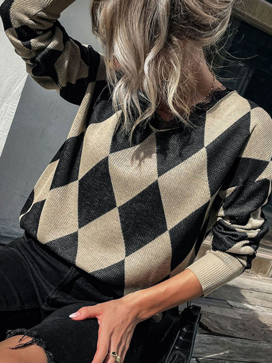 Argyle Eyelash Lace Trim Dropped Shoulder Sweater - Black/Khaki / S Sweater Wynter 4 All Seasons