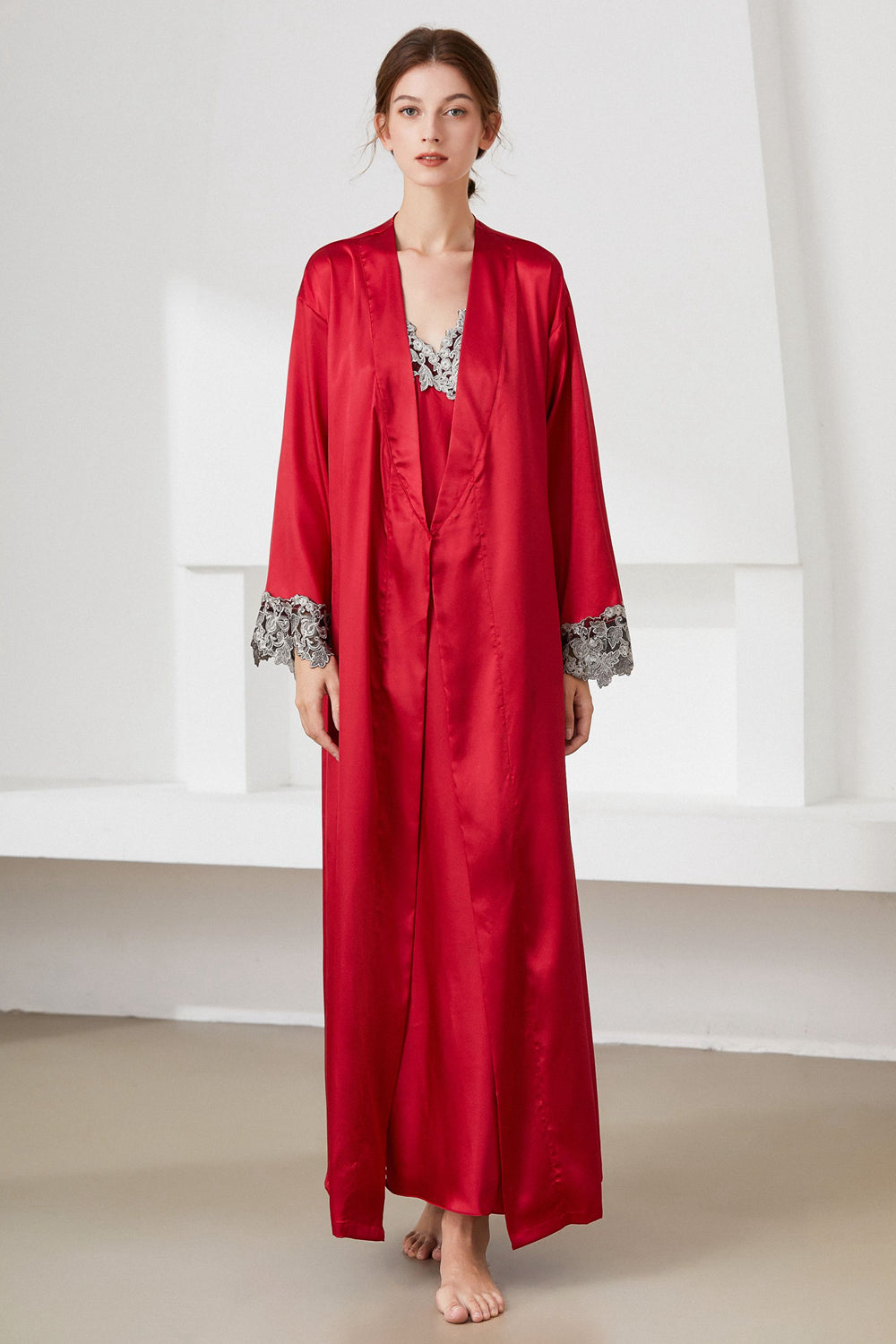 Contrast Lace Trim Satin Night Dress and Robe Set - Red / M Wynter 4 All Seasons