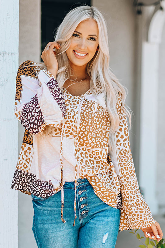 Leopard Patchwork Tied Flare Sleeve Blouse - Brown / S Apparel & Accessories Wynter 4 All Seasons