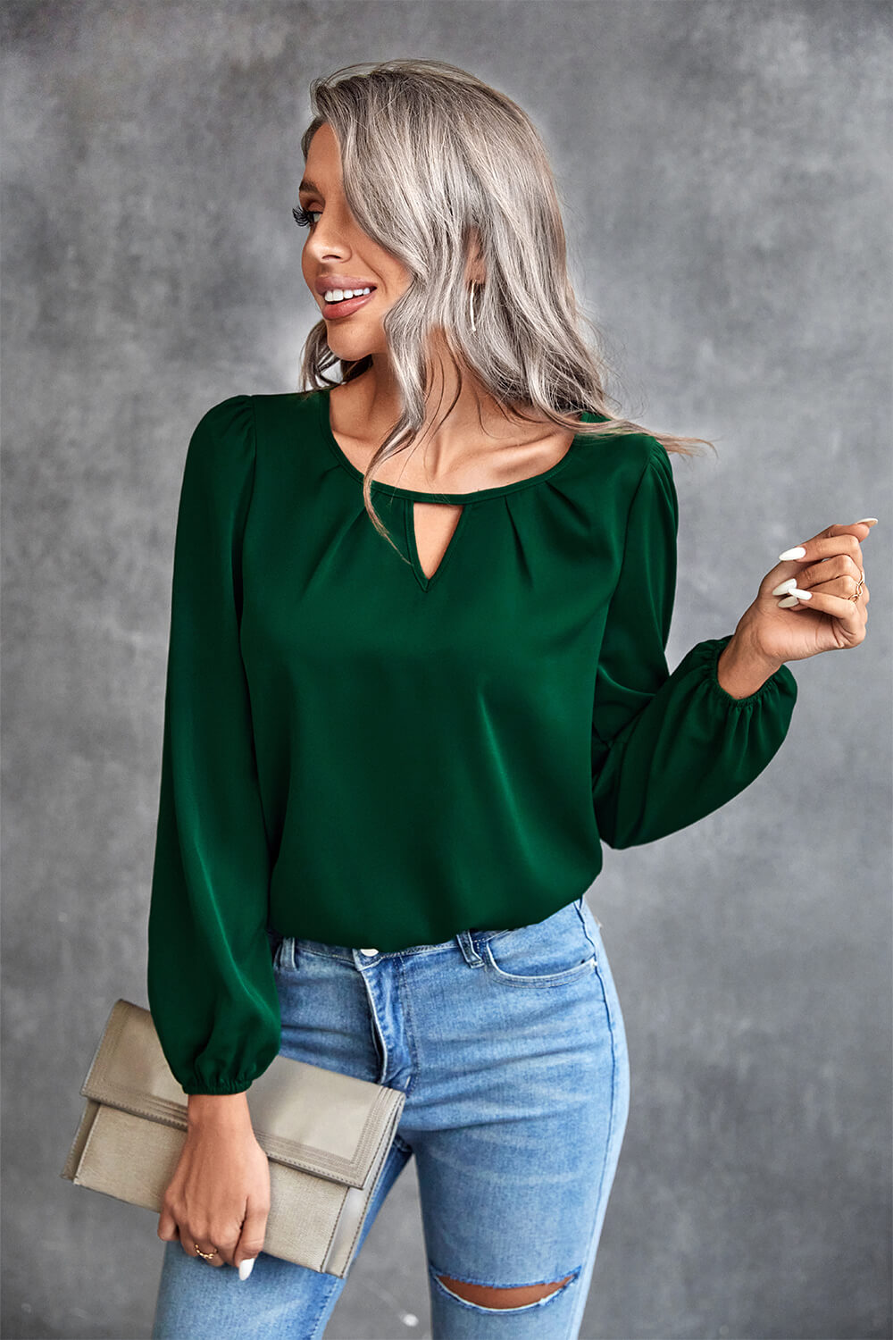 Pleated Detail Cutout Puff Sleeve Blouse Trendsi