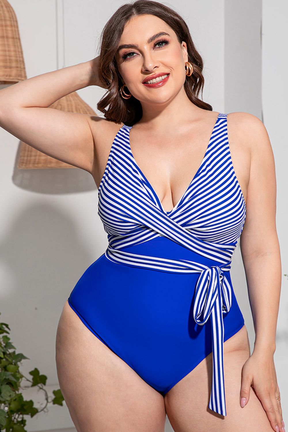 Plus Size Striped Tie-Waist One-Piece Swimsuit - Blue / L Wynter 4 All Seasons