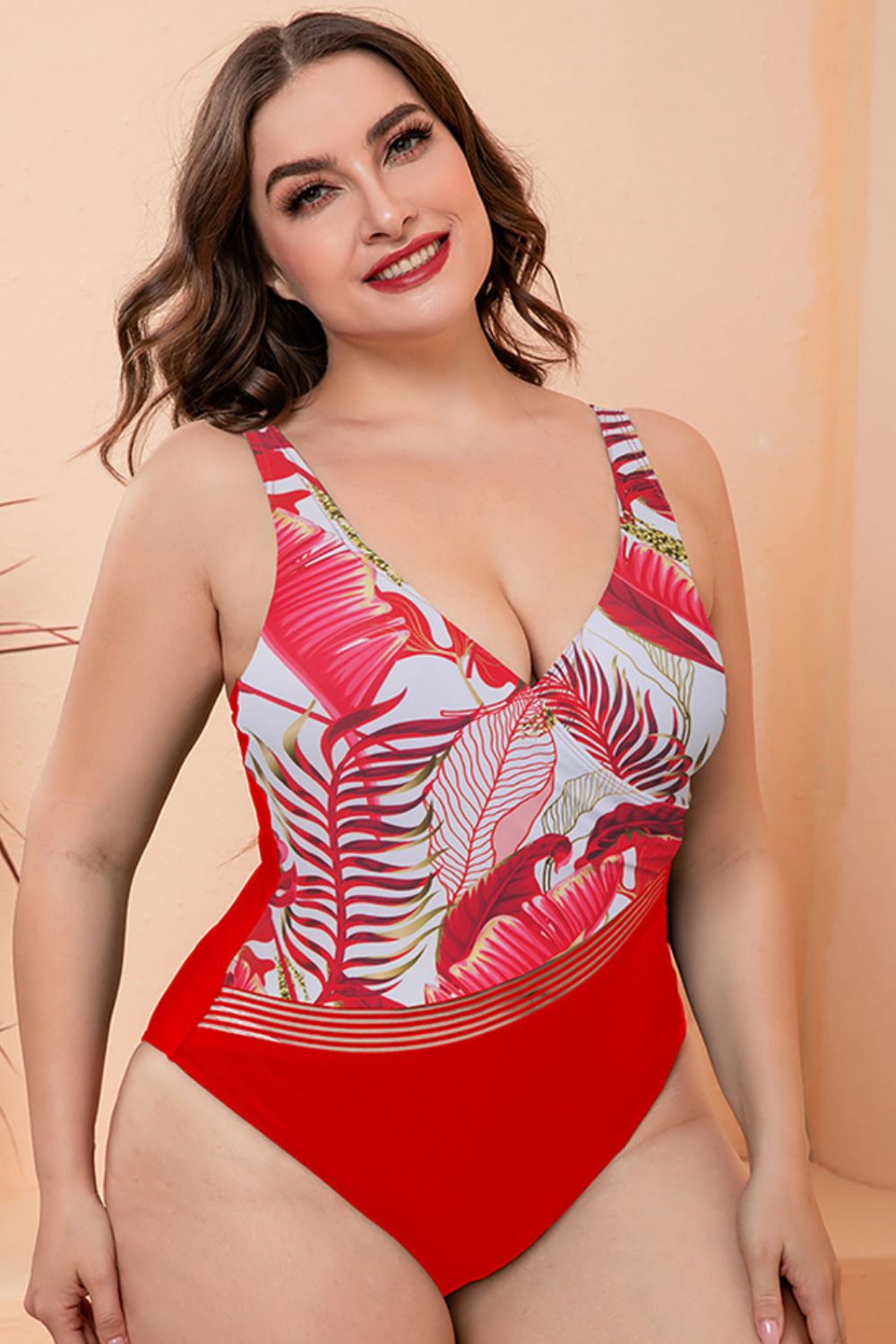Full Size Two-Tone Plunge One-Piece Swimsuit Trendsi