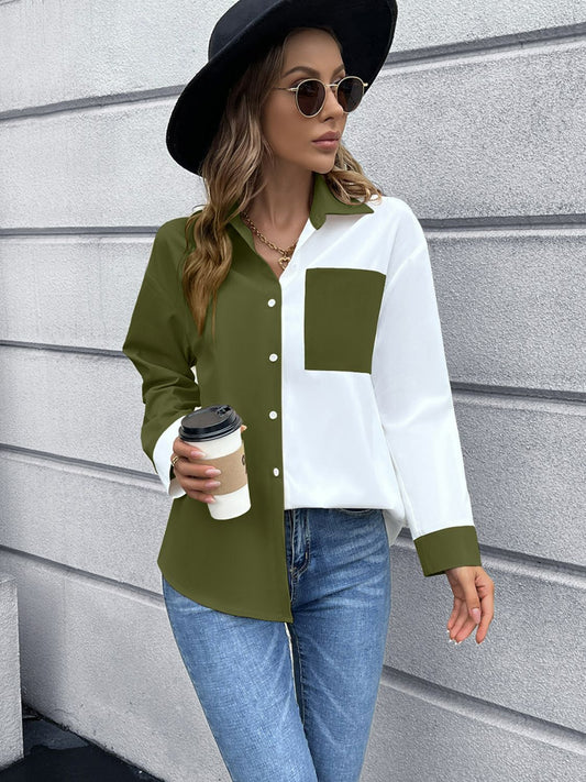 Color Block Button Down Shirt - Army Green / S Apparel & Accessories Wynter 4 All Seasons