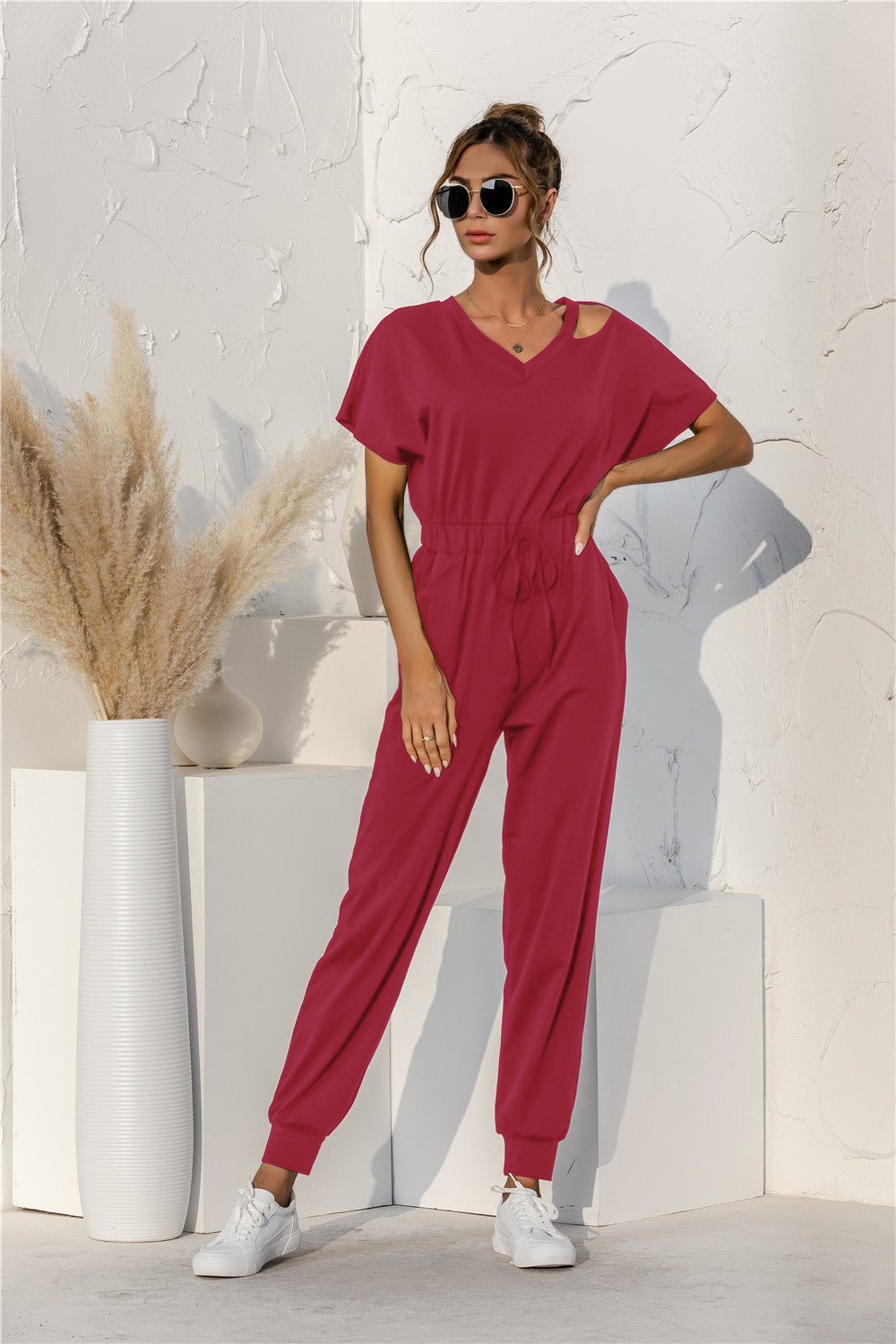 Cut Out V-neck Drawstring Jumpsuit - Apparel & Accessories Girl Code