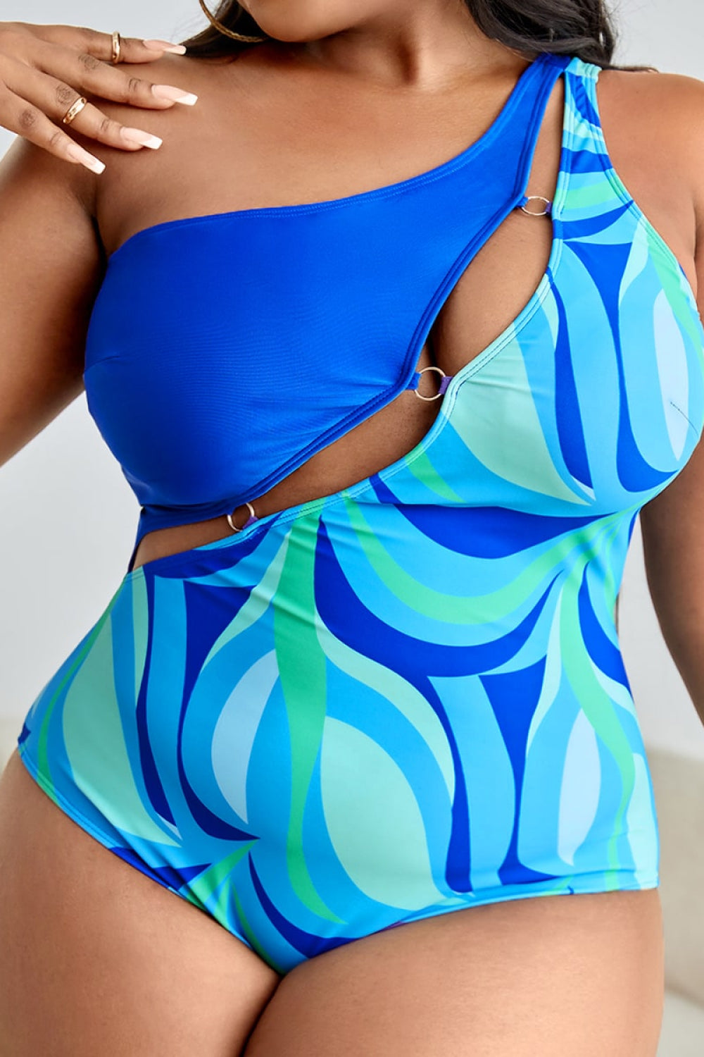 Plus Size Printed Ring Detail One-Shoulder One-Piece Swimsuit Trendsi