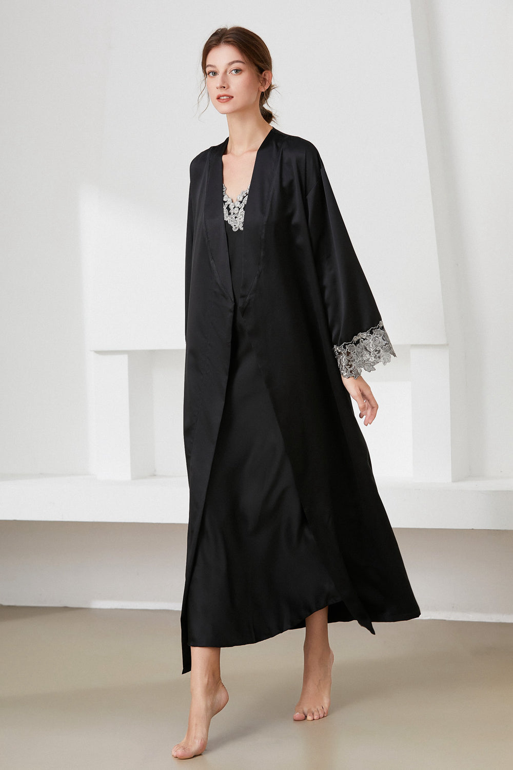Contrast Lace Trim Satin Night Dress and Robe Set - Black / M Wynter 4 All Seasons