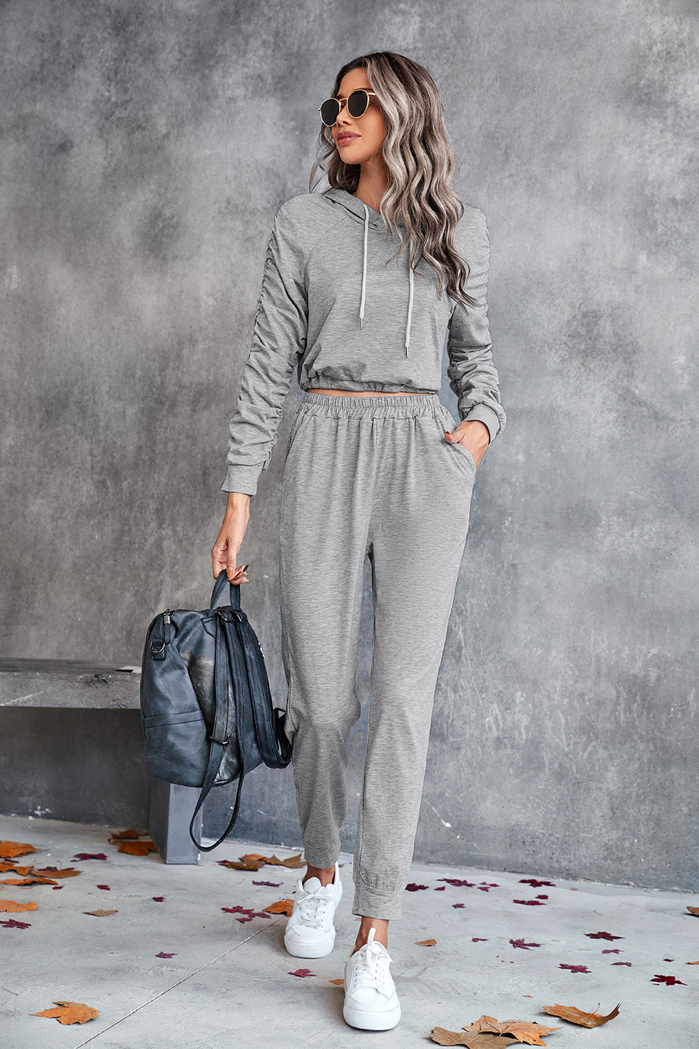 Ruched Raglan Sleeve Hoodie and Joggers Set - Gray / S Apparel & Accessories Wynter 4 All Seasons