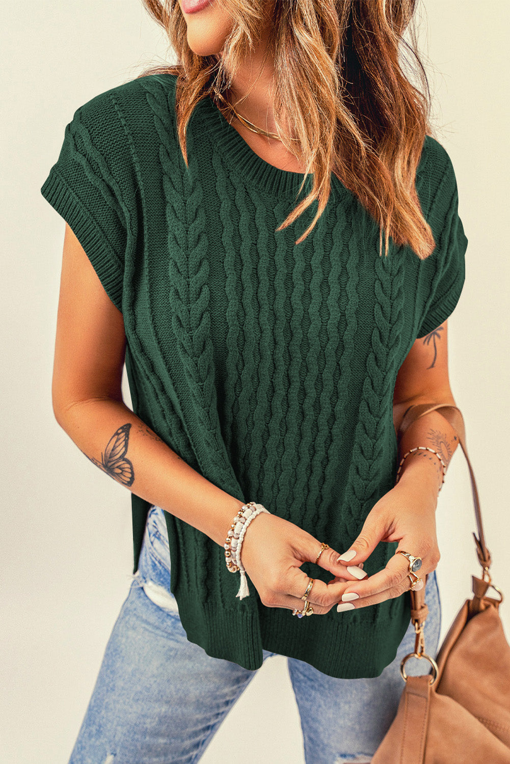 Cable-Knit Side Slit Sweater Vest - Green / S Girl Code