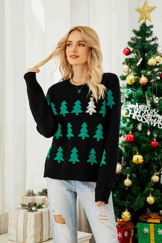 Christmas Tree Round Neck Ribbed Trim Sweater - Black / S Wynter 4 All Seasons