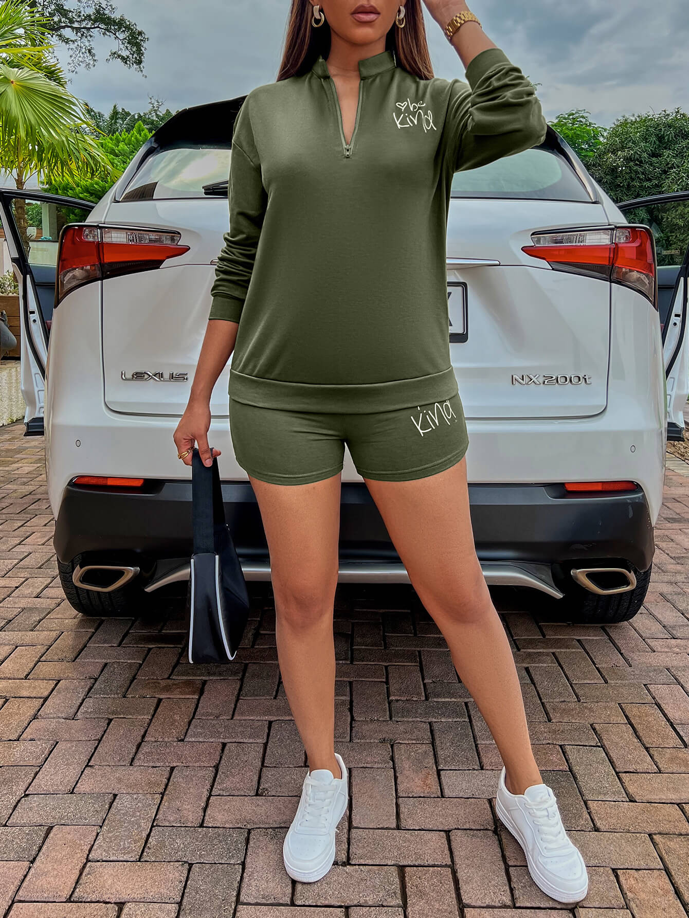 BE KIND Graphic Quarter-Zip Sweatshirt and Shorts Set - Army Green / S Wynter 4 All Seasons