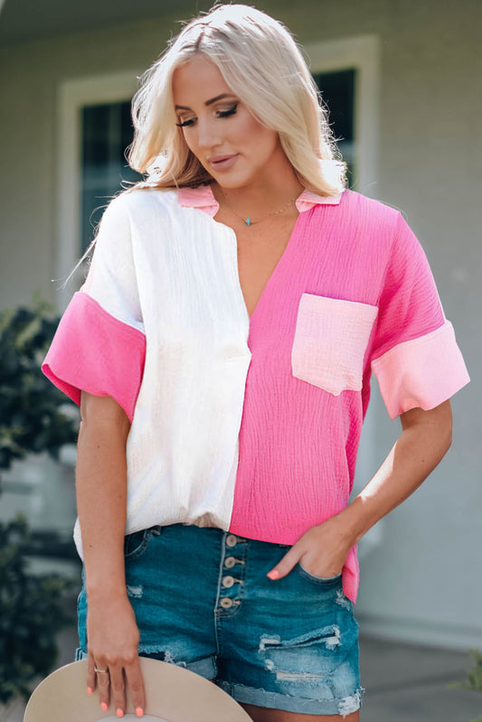 Color Block Textured Johnny Collar Blouse - Hot Pink / S Wynter 4 All Seasons