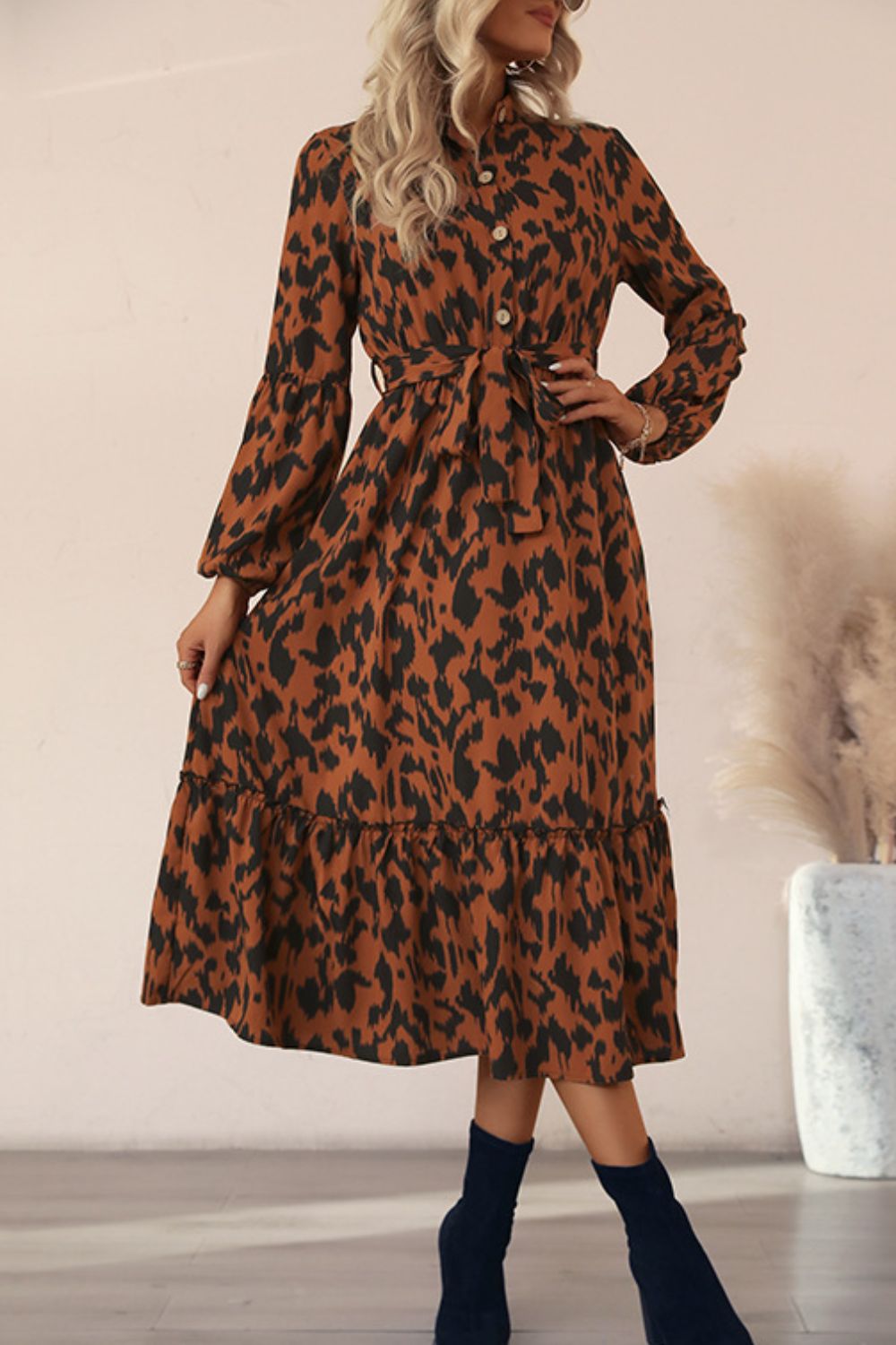 Printed Bubble Sleeve Buttoned Shirt Dress - Brown / S Wynter 4 All Seasons