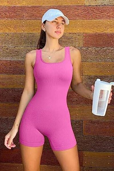 Square Neck Wide Strap Active Romper - Hot Pink / S Wynter 4 All Seasons
