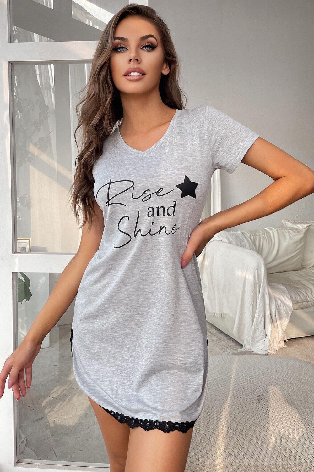 RISE AND SHINE Contrast Lace V-Neck T-Shirt Dress - Gray / S Apparel & Accessories Wynter 4 All Seasons