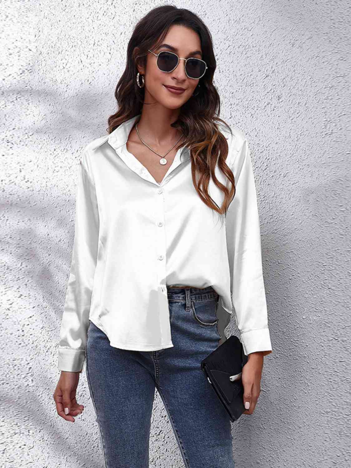 Collared Neck Buttoned Long Sleeve Shirt - White / S Wynter 4 All Seasons