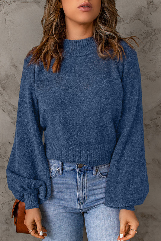 Ribbed Trim Balloon Sleeve Sweater - Blue / S Apparel & Accessories Wynter 4 All Seasons