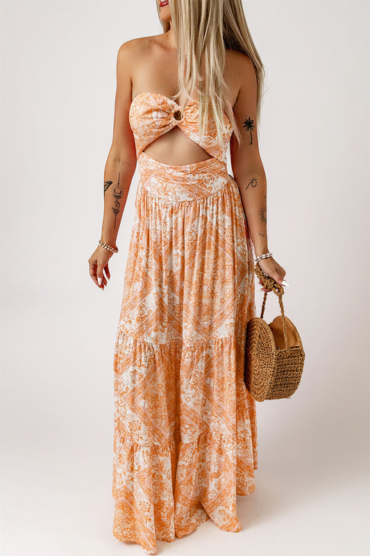 Floral Strapless Sweetheart Neck Cutout Dress - Orange / S Wynter 4 All Seasons