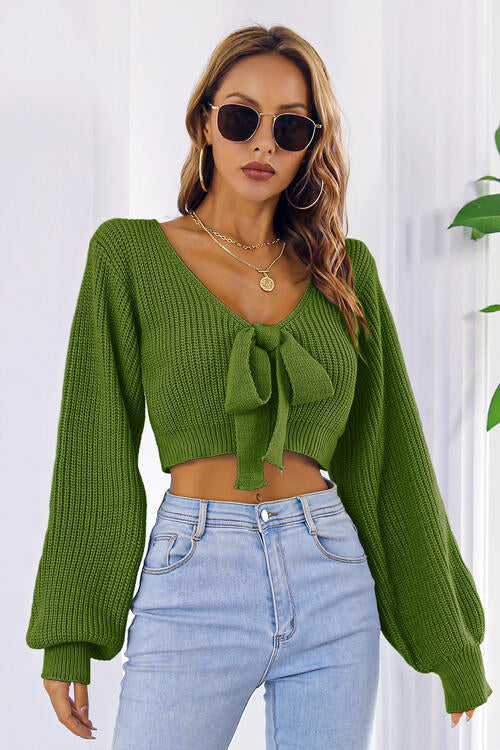 Bow V-Neck Long Sleeve Cropped Sweater - Green / S Wynter 4 All Seasons