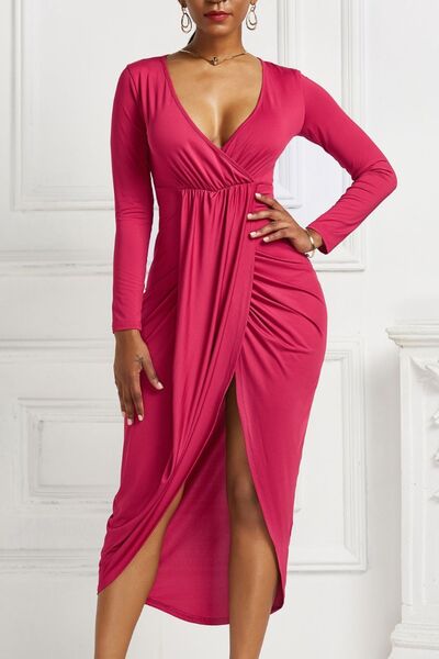 High-low Ruched Surplice Long Sleeve Dress - Strawberry / S Wynter 4 All Seasons