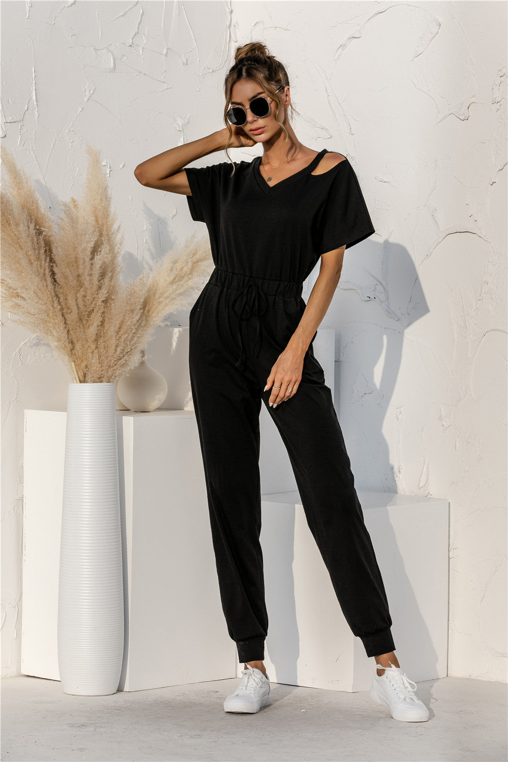 Cut Out V-neck Drawstring Jumpsuit - Apparel & Accessories Girl Code