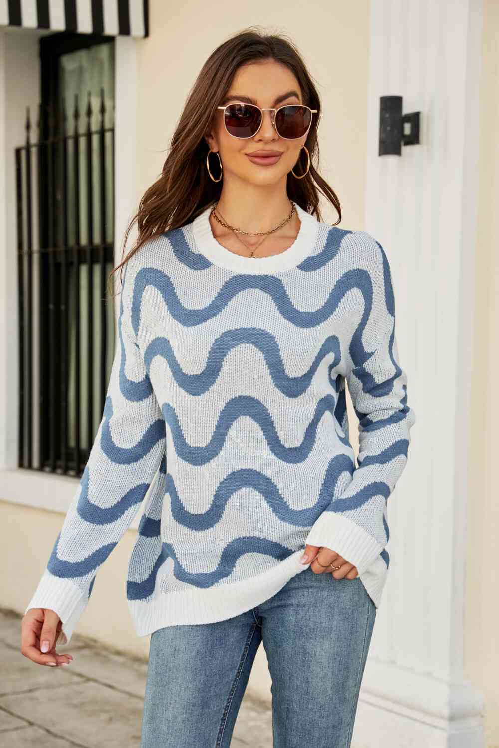 Wave Stripe Ribbed Trim Tunic Sweater - Steel / S Wynter 4 All Seasons