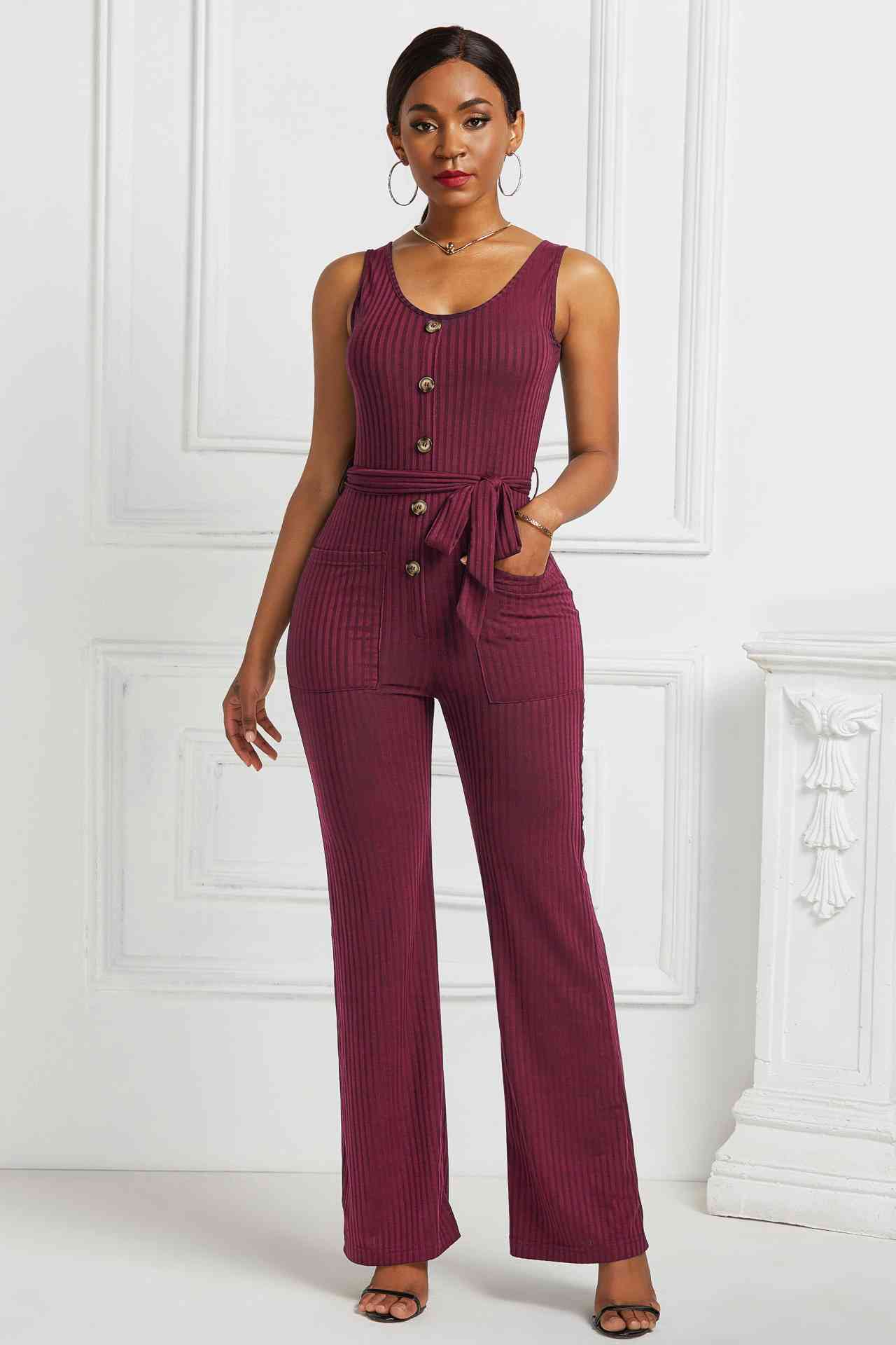Button Detail Tie Waist Jumpsuit with Pockets - Wine / S Apparel & Accessories Wynter 4 All Seasons