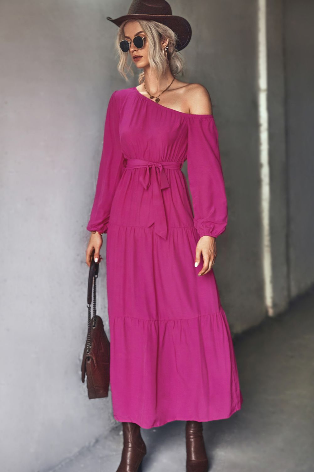 Belted One-Shoulder Tiered Maxi Dress - Fuchsia / S Apparel & Accessories Wynter 4 All Seasons