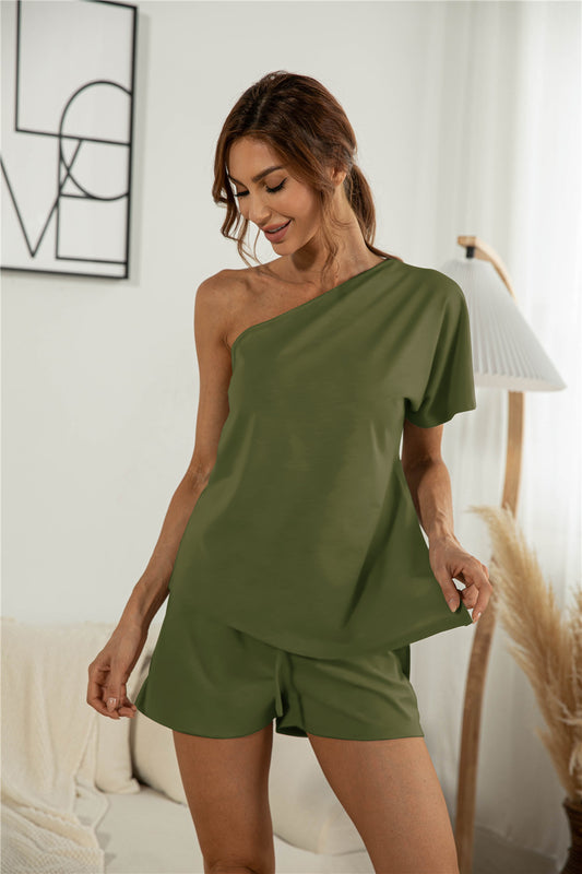 One Shoulder Asymmetry Top & Shorts - Army Green / S Apparel & Accessories Wynter 4 All Seasons