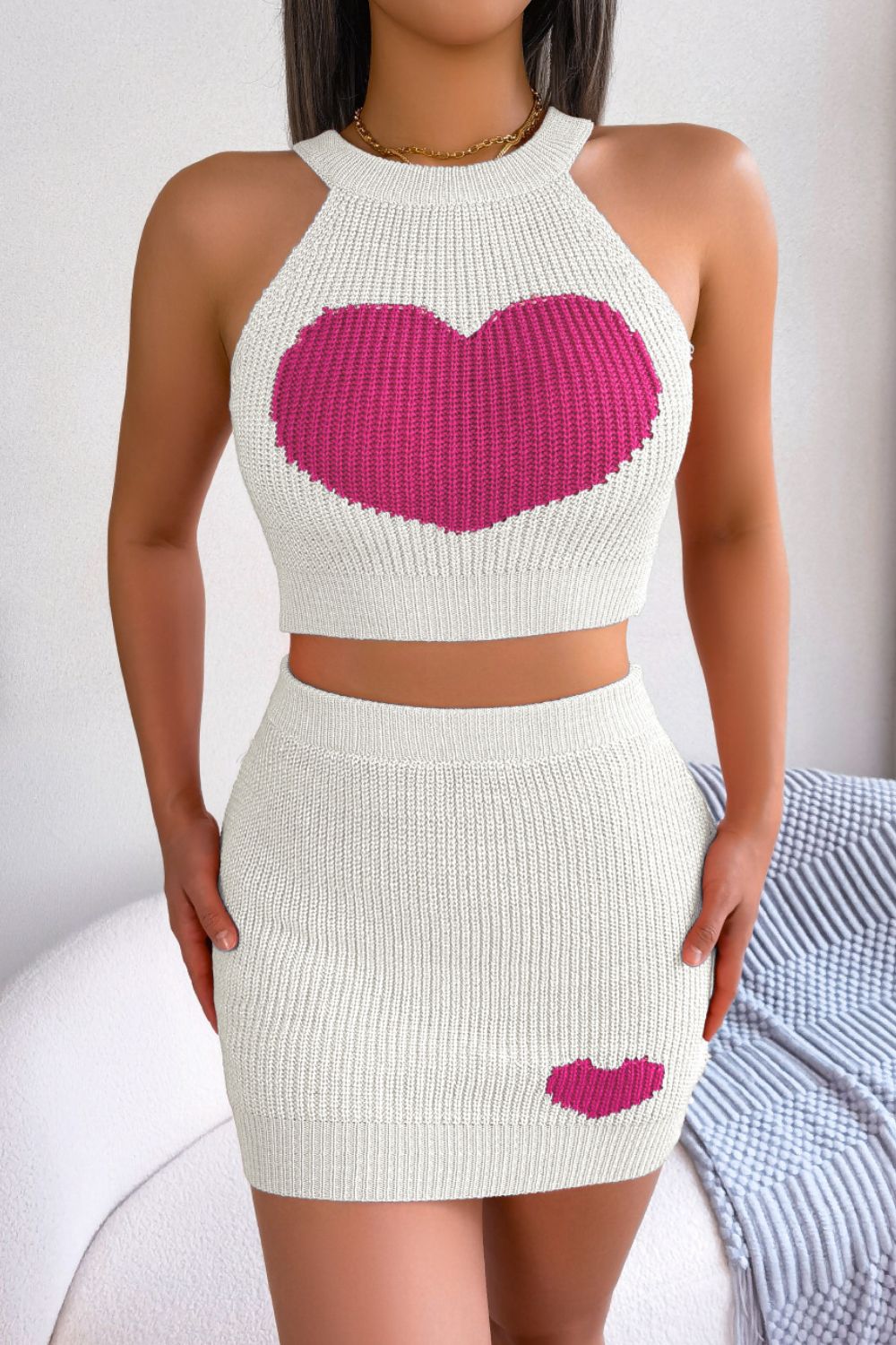 Heart Contrast Ribbed Sleeveless Knit Top and Skirt Set - White / S Girl Code