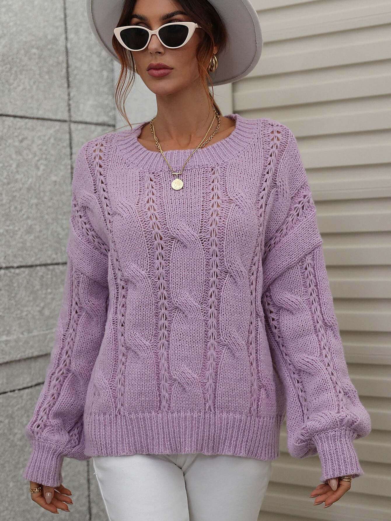 Cable-Knit Openwork Round Neck Sweater - Lilac / S Girl Code