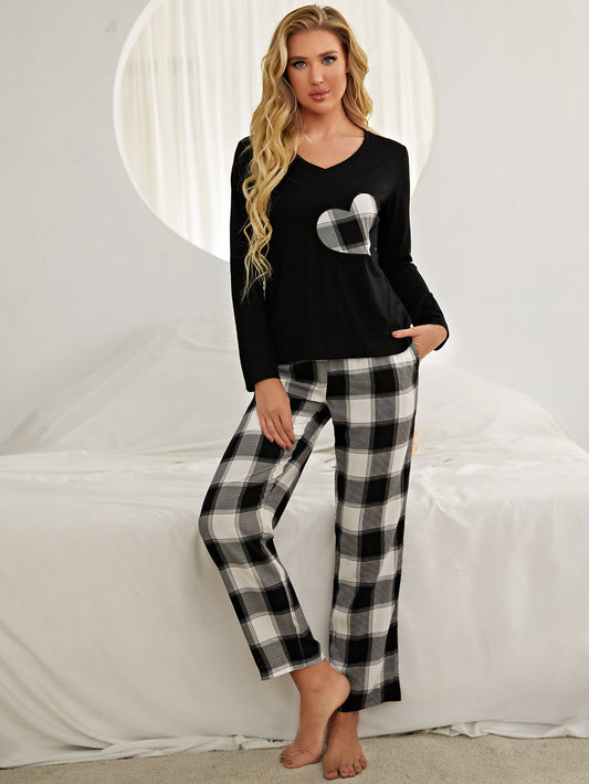 Plaid Heart Top and Pants Lounge Set - Black/White / S Apparel & Accessories Wynter 4 All Seasons