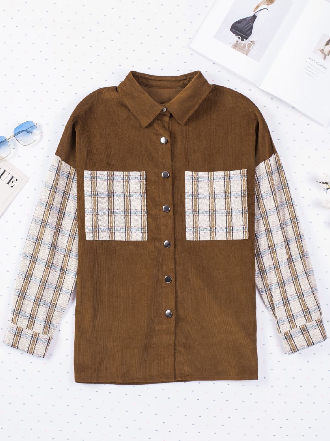 Plaid Corduroy Shirt Jacket with Pockets - Brown / S Apparel & Accessories Wynter 4 All Seasons