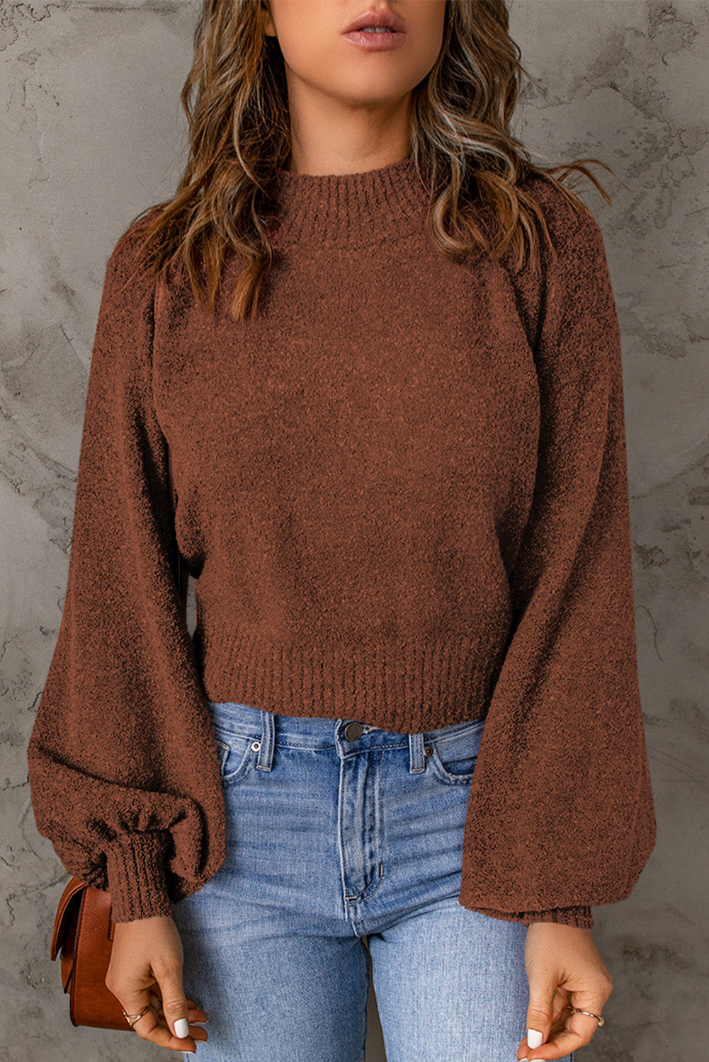 Ribbed Trim Balloon Sleeve Sweater - Brown / S Apparel & Accessories Wynter 4 All Seasons