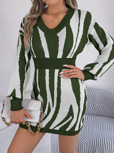 Animal Print V-Neck Long Sleeve Sweater Dress - Army Green / S Wynter 4 All Seasons