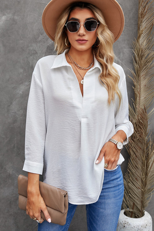 Textured Johnny Collar Three-Quarter Sleeve Blouse - White / S Apparel & Accessories Wynter 4 All Seasons