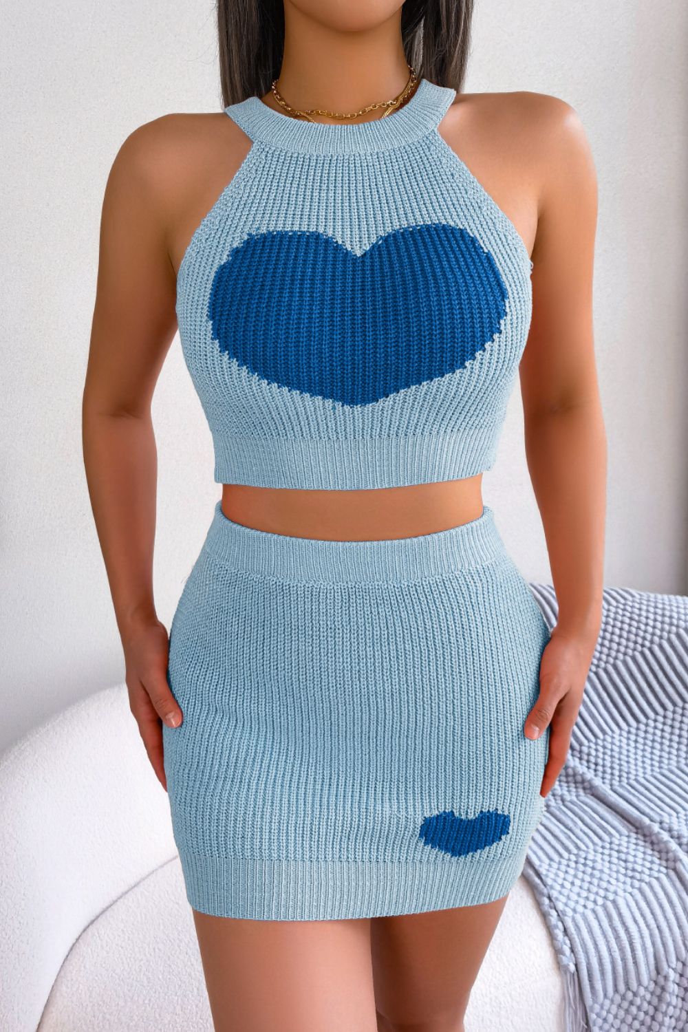 Heart Contrast Ribbed Sleeveless Knit Top and Skirt Set - Sky Blue / S Girl Code