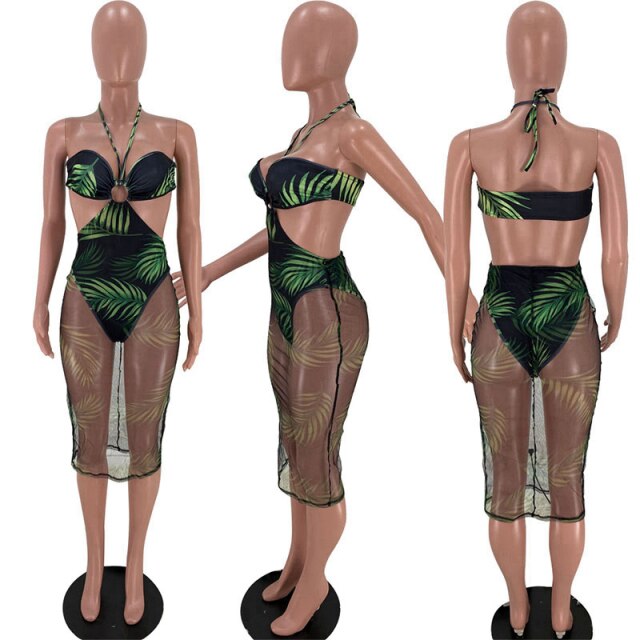 Leaf Print Halter Bodycon Sheer Backless Dress Girl Code 