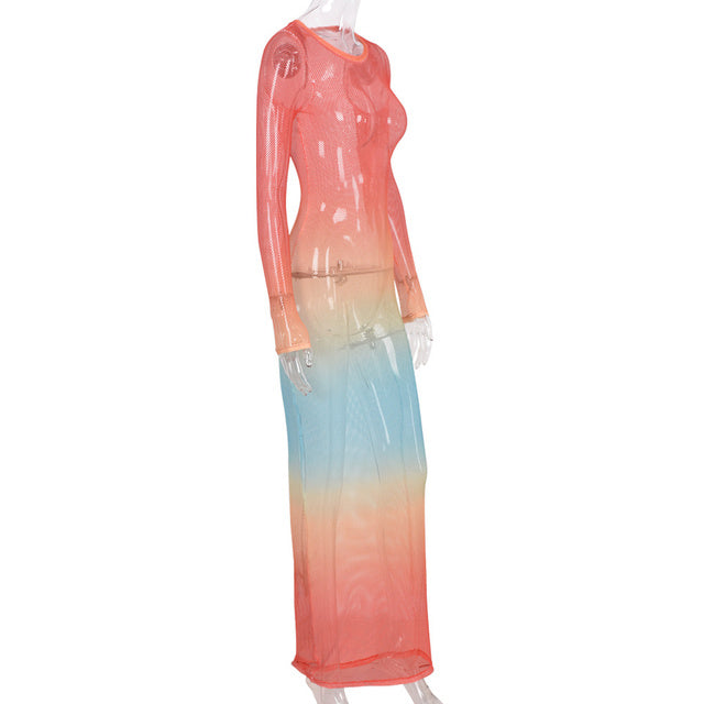 Round Neck Rainbow Gradient Long Sleeve Pullover Dress Girl Code 